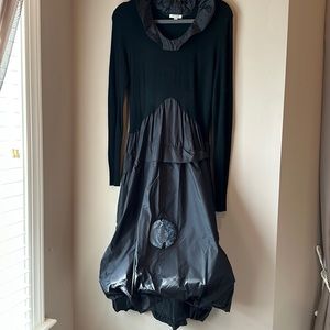 Sweater dress with taffeta skirt, denim detail. Size M